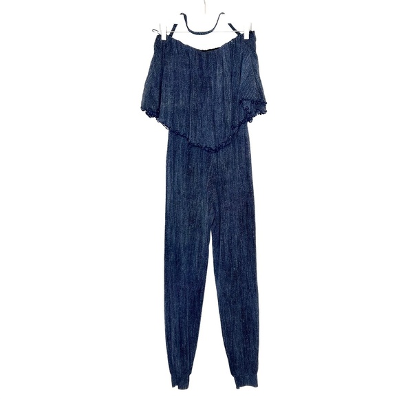 Fuzzi Jumpsuit Strapless Denim Print Ruffle Top Jumpsuit - Picture 6 of 6